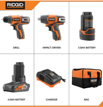Load image into Gallery viewer, RIDGID 12-Volt Lithium-Ion Cordless Drill/Driver and Impact Driver Combo Kit with 2-Batteries, Charger and Bag