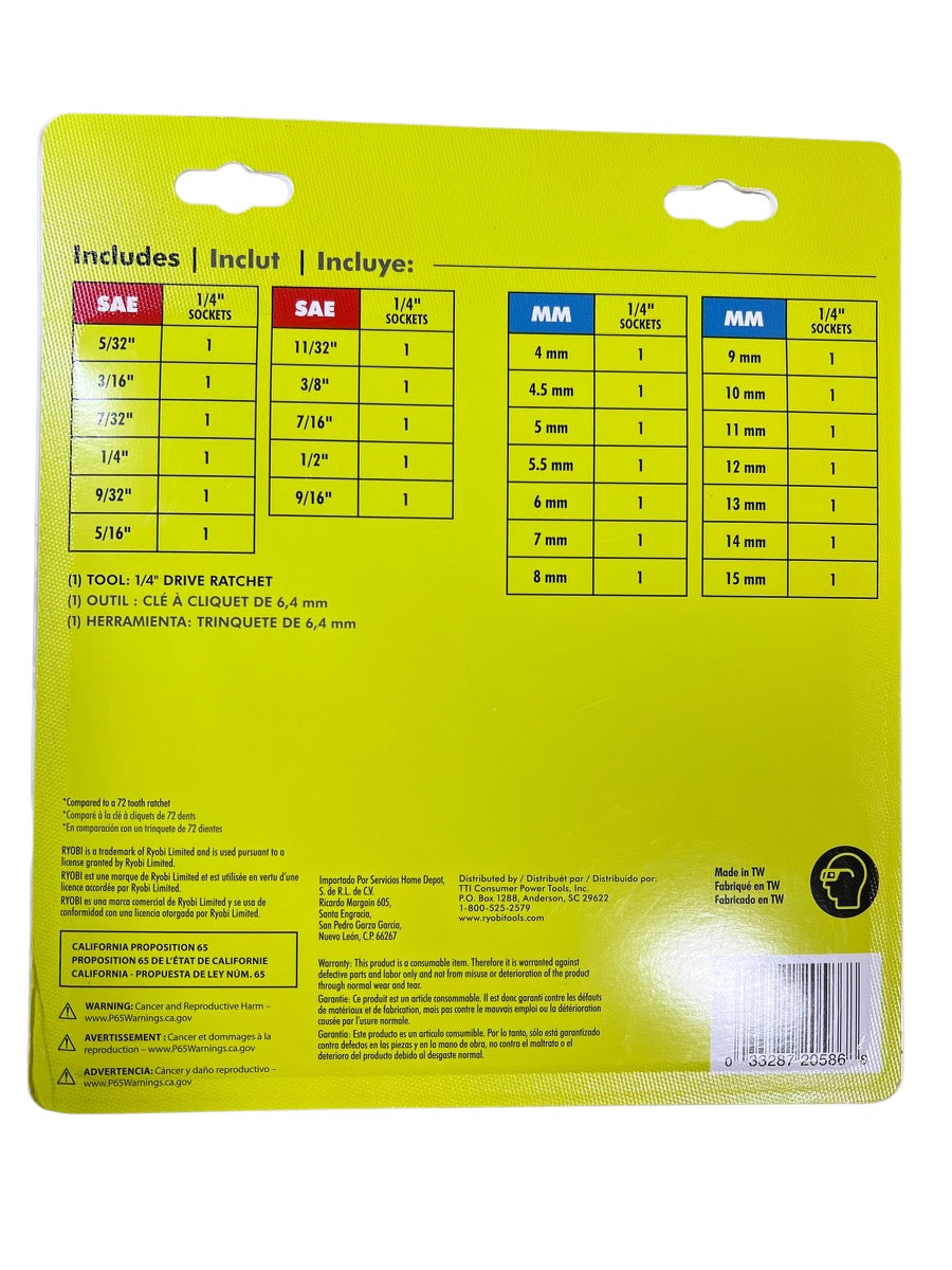 SAE Socket Sizes for 1/4 Drive Chart