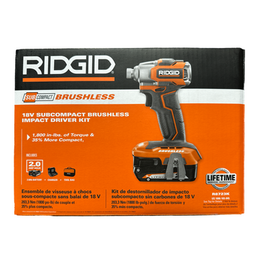 RIDGID R8723K 18V SubCompact Brushless Cordless Impact Driver Kit with (1) 2.0 Ah Battery, Charger, and Bag