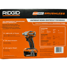 Load image into Gallery viewer, RIDGID R8723K2 18V SubCompact Brushless Cordless Impact Driver Kit with (2) 2.0 Ah Battery, Charger, and Bag