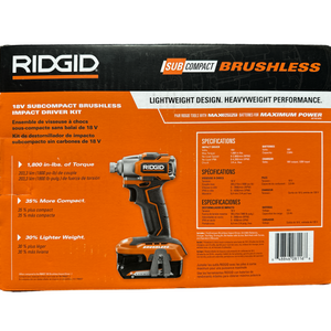 RIDGID R8723K2 18V SubCompact Brushless Cordless Impact Driver Kit with (2) 2.0 Ah Battery, Charger, and Bag