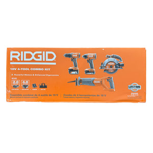 RIDGID R96256 18V Cordless 4-Tool Combo Kit with (1) 4.0 Ah Battery, (1) 2.0 Ah Battery, Charger, and Bag