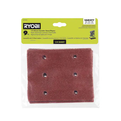 Ryobi A19901 9-Pc 1/4 Sheet Sand Paper Assortment Set - 80, 120, and 220 Grit