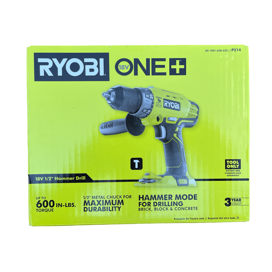 Ryobi P214 18-Volt ONE+ Cordless 1/2 in. Hammer Drill/Driver (Tool Only) with Handle