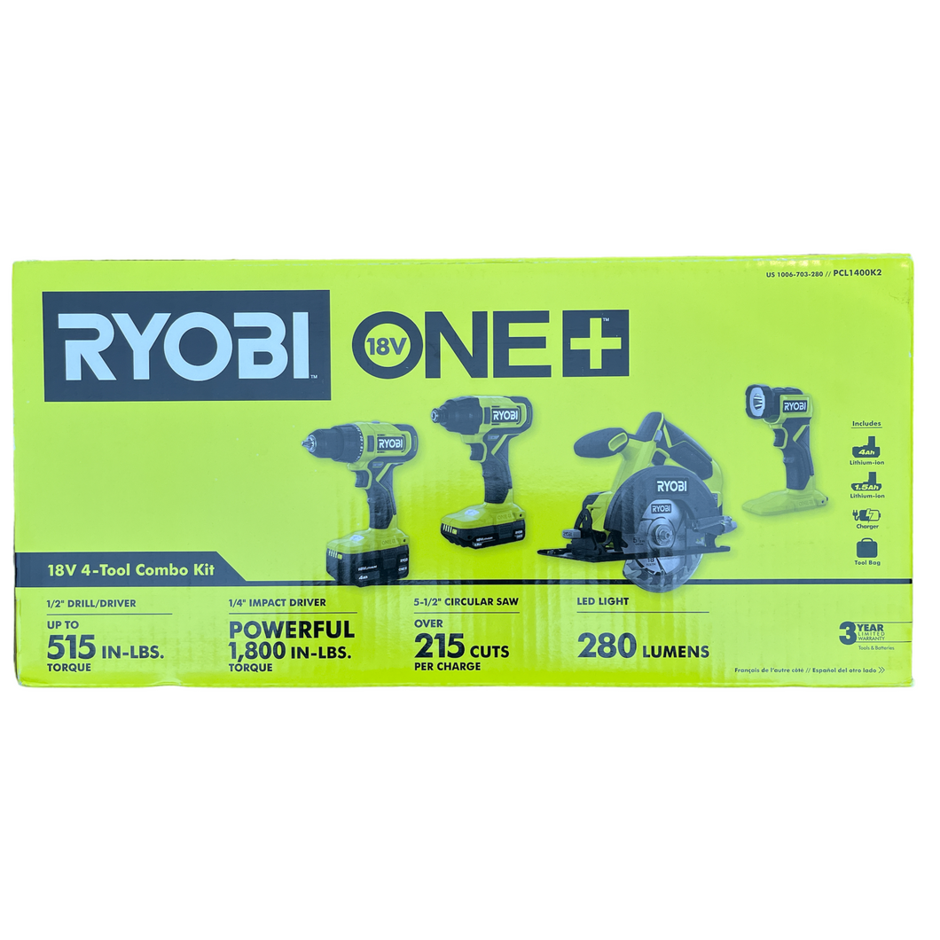 Ryobi PCL1400K2 ONE+ 18-Volt Cordless 4-Tool Combo Kit with 1.5 Ah Battery, 4.0 Ah Battery, Charger and Storage Bag