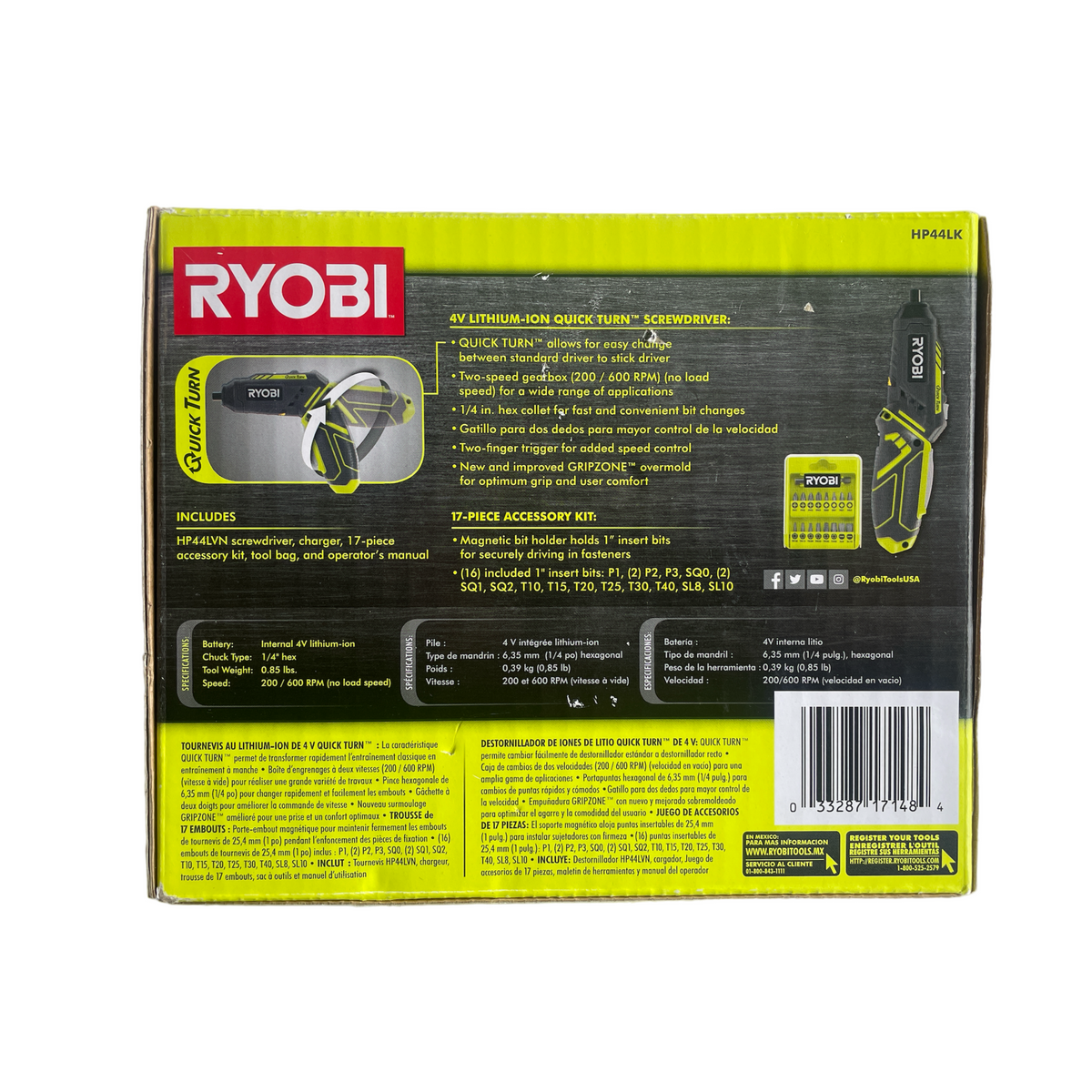 RYOBI 4Volt QuickTurn LithiumIon Cordless 1/4 in. Hex Screwdriver wi