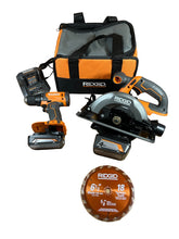 Load image into Gallery viewer, RIDGID R9207 18-Volt Cordless 1/2 in. Drill/Driver and 6-1/2 in. Circular Saw Combo Kit with 2.0 Ah and 4.0 Ah Battery, Charger, and Bag