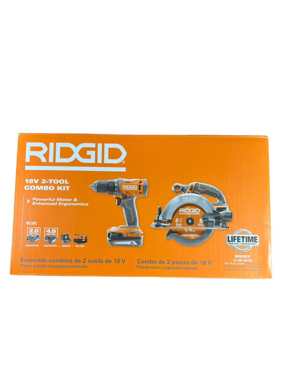 RIDGID R9207 18-Volt Cordless 1/2 in. Drill/Driver and 6-1/2 in. Circular Saw Combo Kit with 2.0 Ah and 4.0 Ah Battery, Charger, and Bag