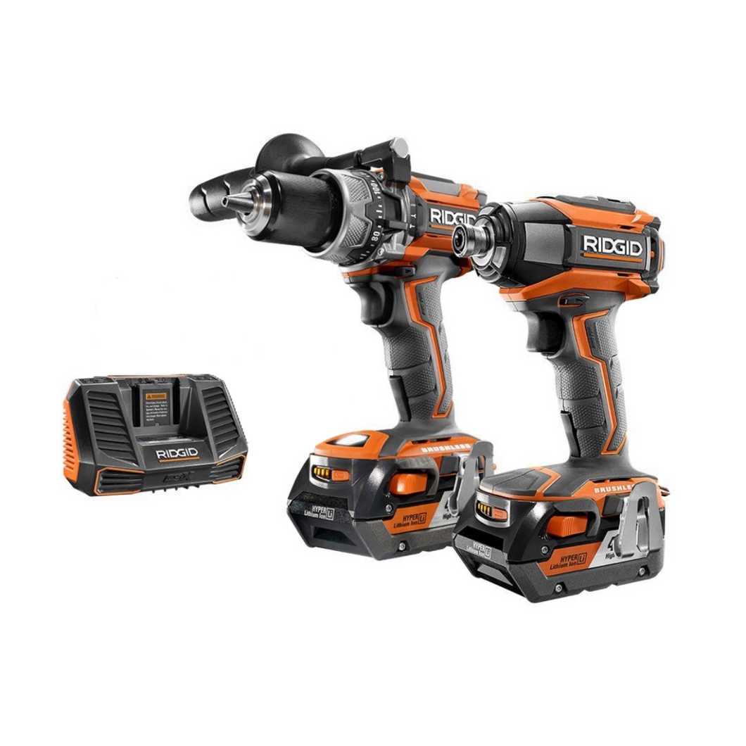 RIDGID 18-Volt Lithium-Ion Cordless Brushless Hammer Drill and Impact Driver 2-Tool Combo Kit with (2) 4.0Ah Batteries, Charger R9205