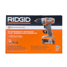 Load image into Gallery viewer, RIDGID R8711K 18V SubCompact Lithium-Ion Brushless Cordless 1/2 in. Hammer Drill/Driver, (2) 2.0 Ah Batteries, Charger, and Tool Storage Bag
