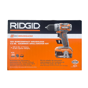 RIDGID R8711K 18V SubCompact Lithium-Ion Brushless Cordless 1/2 in. Hammer Drill/Driver, (2) 2.0 Ah Batteries, Charger, and Tool Storage Bag