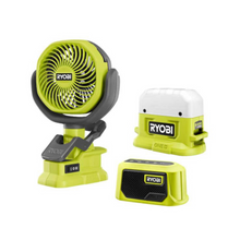Load image into Gallery viewer, ONE+ 18-Volt Cordless 3-Tool Campers Kit with Area Light, Bluetooth Speaker, and 4 in. Clamp Fan (Tools Only)