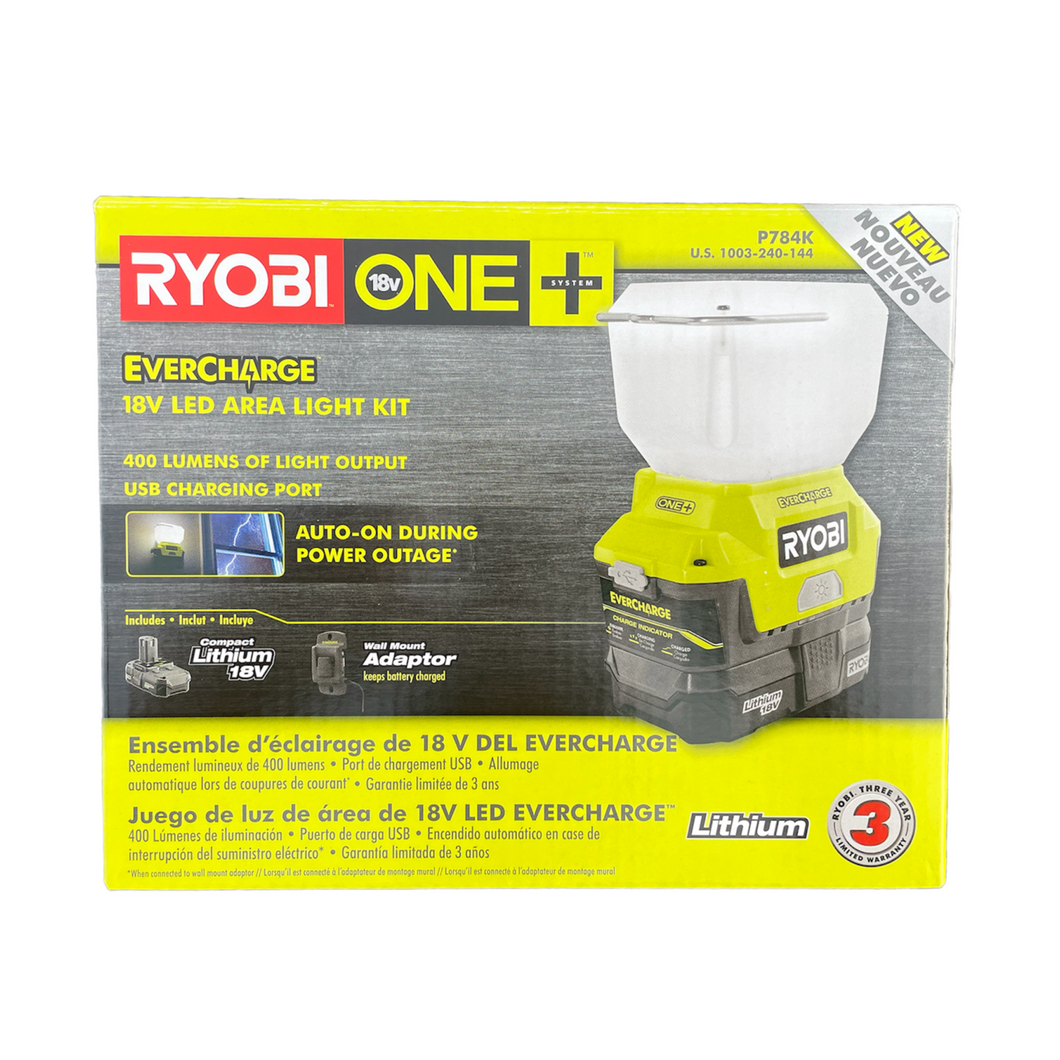 Ryobi P784K 18-Volt ONE+ Lithium-Ion Cordless EVERCHARGE LED Area Light with (1) 1.3 Ah Battery and (1) Wall Mount Adaptor Charger