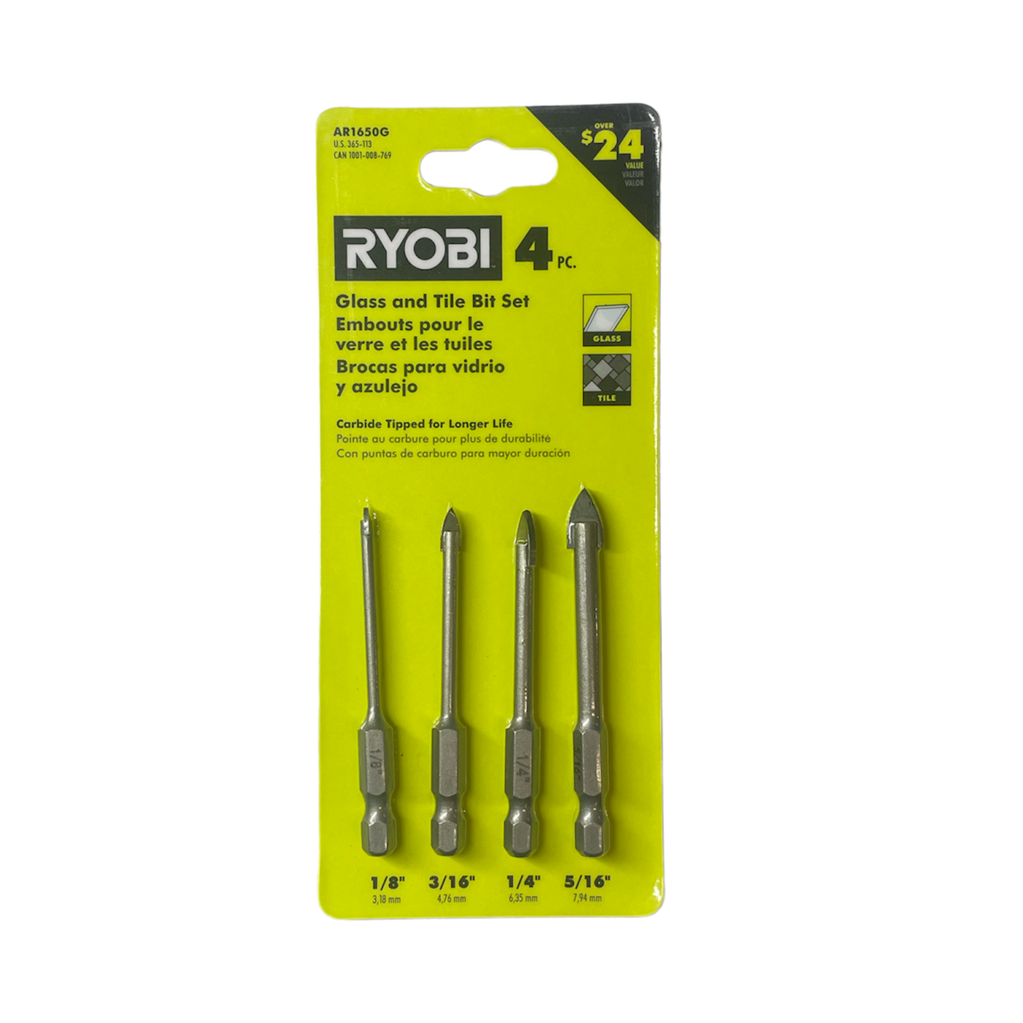 Glass and Tile Carbide Tipped Drill Bit Set (4-Piece)