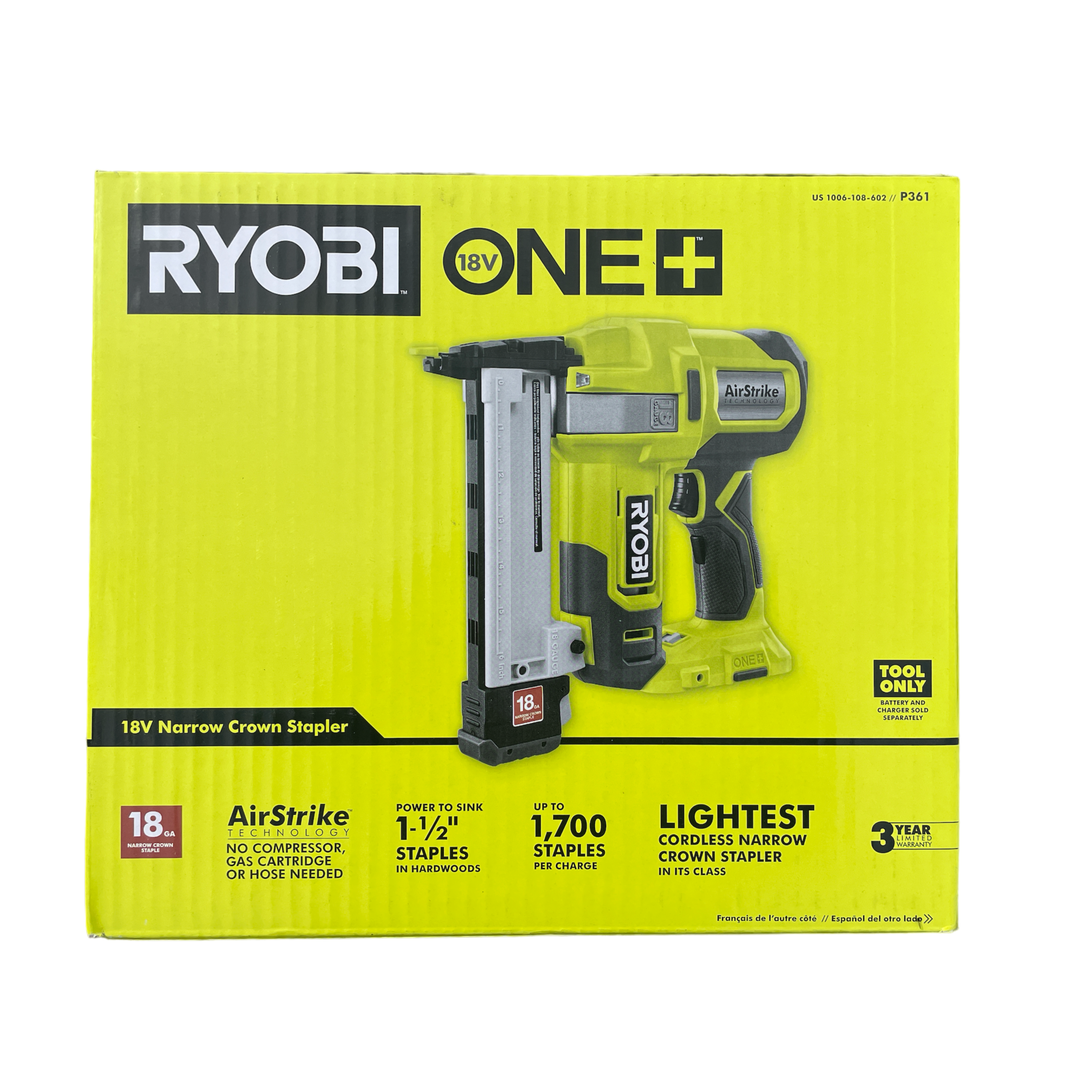 ONE 18 Volt 18 Gauge Cordless AirStrike Narrow Crown Stapler