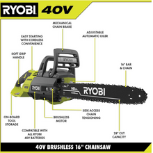 Load image into Gallery viewer, RYOBI RY40505BTL 16 in. 40-Volt Lithium-Ion Brushless Electric Cordless Chainsaw (Tool Only)