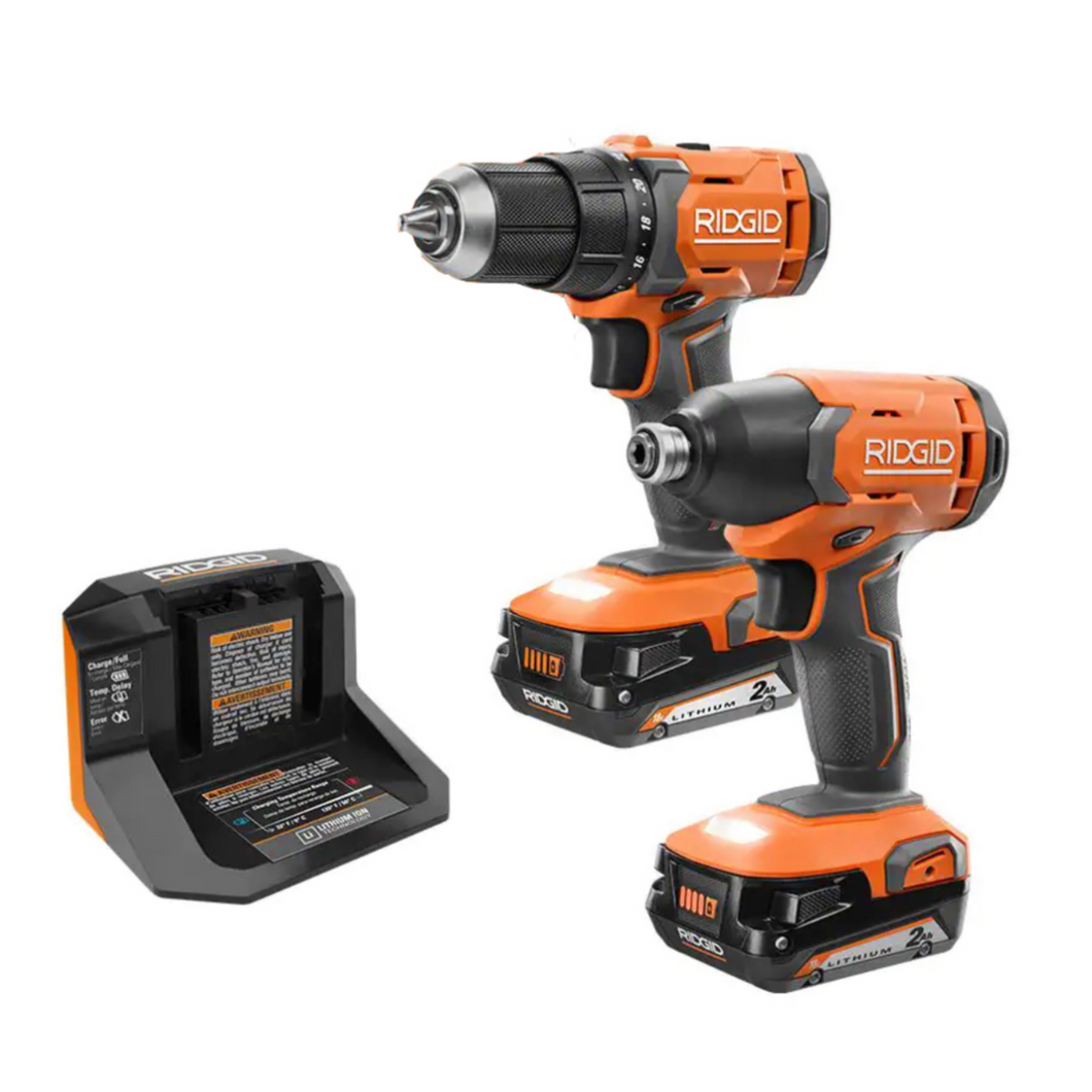 RIDGID 18V Cordless 2-Tool Combo Kit with 1/2 in. Drill/Driver, 1/4 in. Impact Driver, (2) 2.0 Ah Batteries, and Charger