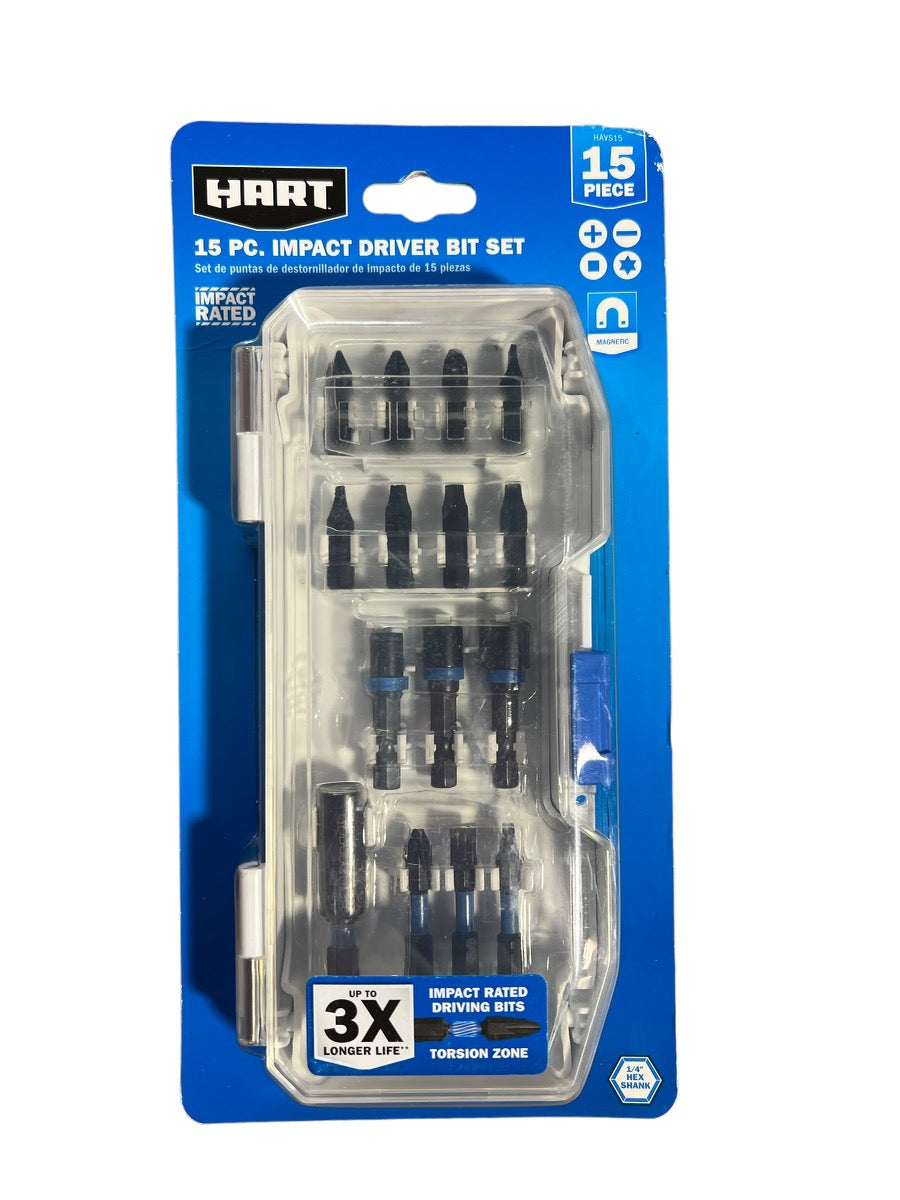 HART 15-Piece Impact Driver Bit Set with Storage Case and Torsion Zone