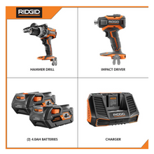 Load image into Gallery viewer, RIDGID 18-Volt Lithium-Ion Cordless Brushless Hammer Drill and Impact Driver 2-Tool Combo Kit with (2) 4.0Ah Batteries, Charger R9205